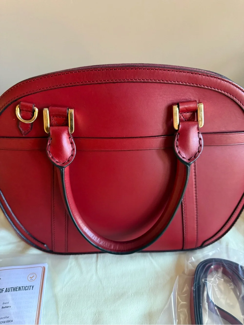 Burberry Red Leather Dome Satchel with Gold Hardware